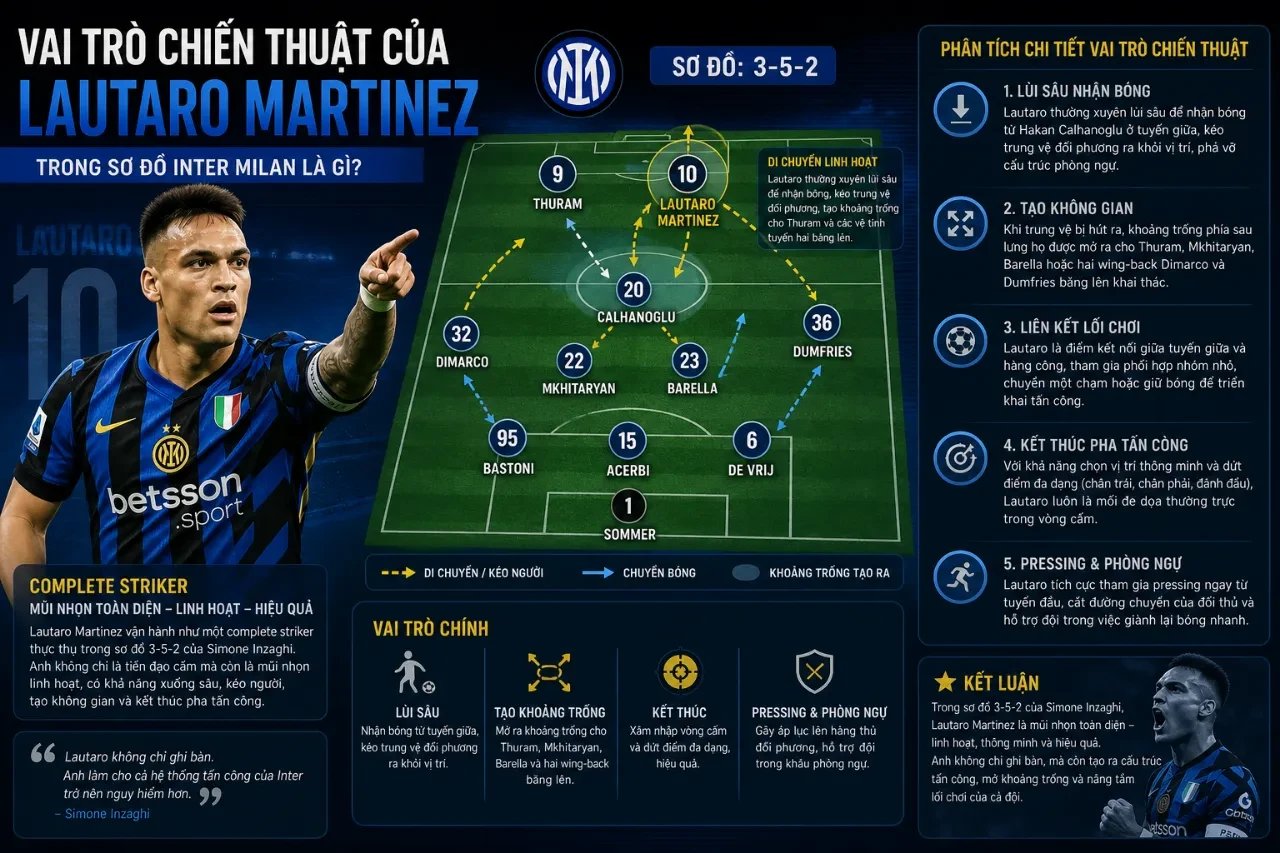 Lautaro Martinez di chuyển thông minh kéo giãn hàng thủ đối phương tại Serie A