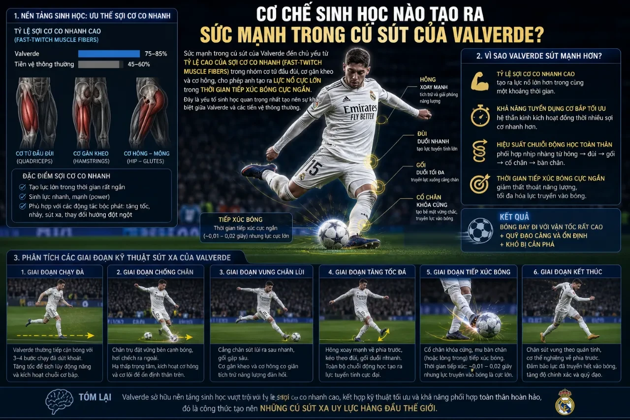 Phân tích cơ chế phát lực chân và đùi cực mạnh trong pha sút bóng của Fede Valverde