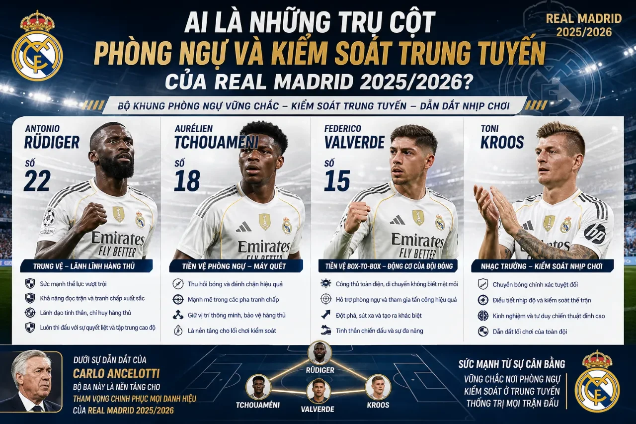Hệ thống các tiền vệ trung tâm chịu trách nhiệm phân phối bóng và đánh chặn từ xa của đội hình Real Madrid
