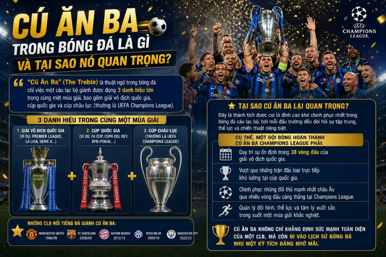 Sơ đồ minh họa và hình ảnh ba chiếc cúp vô địch biểu trưng cho thành tích cú ăn ba danh giá trong bóng đá câu lạc bộ châu Âu