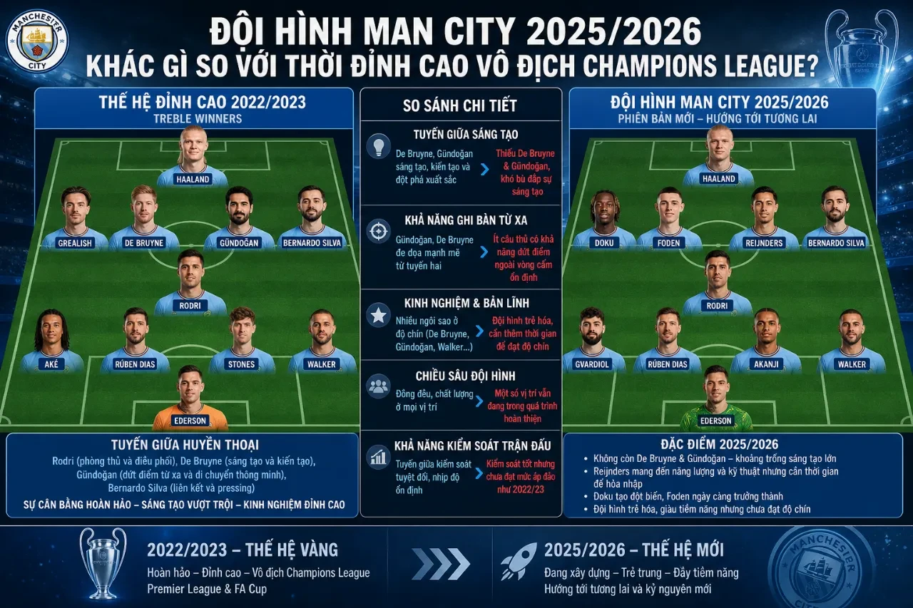 Sự khác biệt về sơ đồ chiến thuật và cách vận hành nhân sự của Man City qua các chu kỳ thành công
