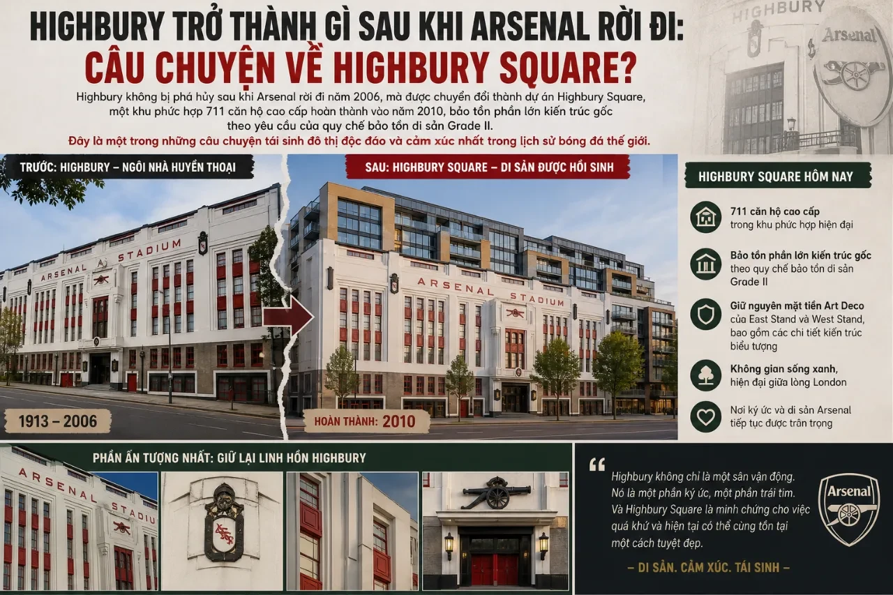 Khu chung cư phức hợp Highbury Square được xây dựng dựa trên cấu trúc khán đài Art Deco cũ của sân Arsenal