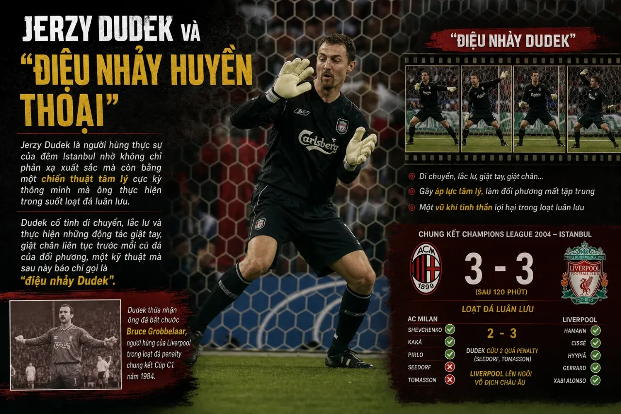 Thủ thành Jerzy Dudek liên tục nhún nhảy lắc lư đôi chân làm phân tâm các chân sút đối phương