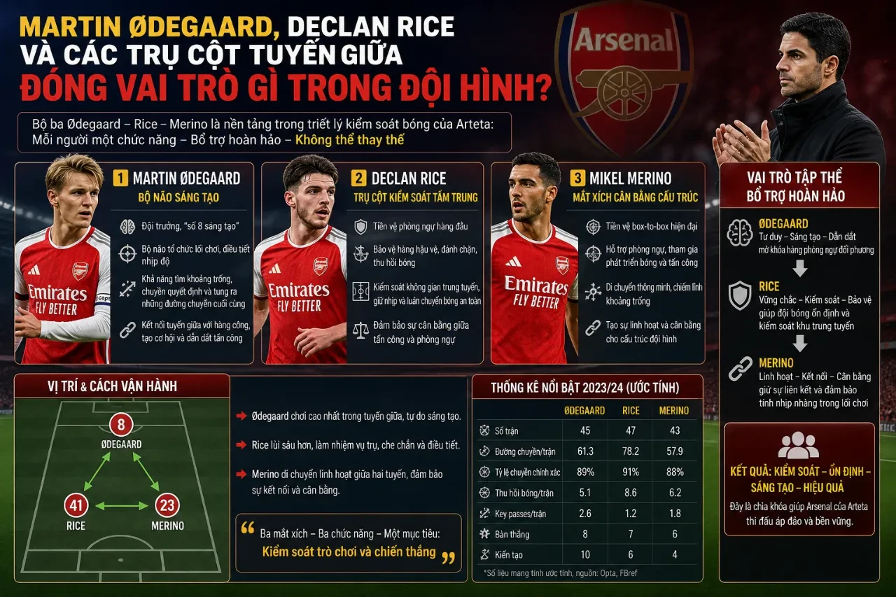 Bộ ba tiền vệ trung tâm Martin Odegaard, Declan Rice và Mikel Merino phối hợp chiến thuật trên sân bóng
