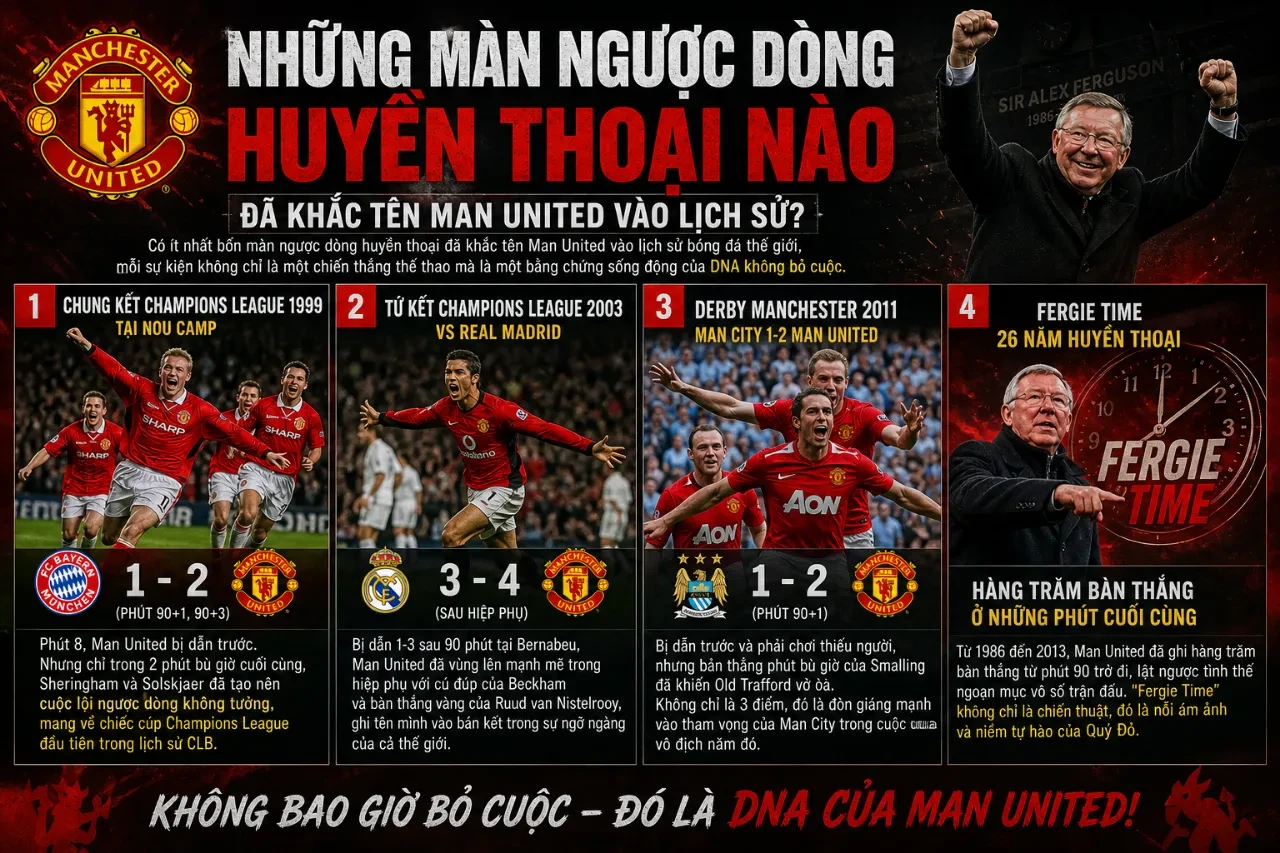 Pha ăn mừng giàu cảm xúc của huấn luyện viên Alex Ferguson và các học trò sau một trận đấu ngược dòng kịch tính