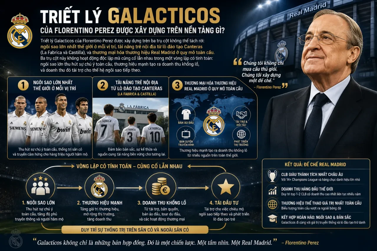 Sơ đồ tư duy về ba trụ cột cốt lõi tạo nên kỷ nguyên dải ngân hà Galacticos của chủ tịch Perez