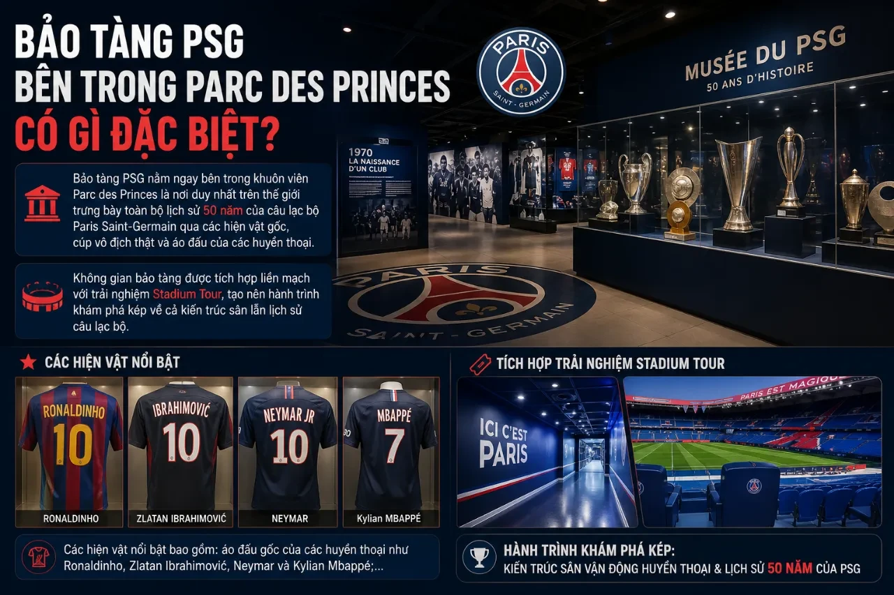 Không gian trưng bày cúp vô địch và các kỷ vật lịch sử bên trong bảo tàng câu lạc bộ Paris Saint-Germain.