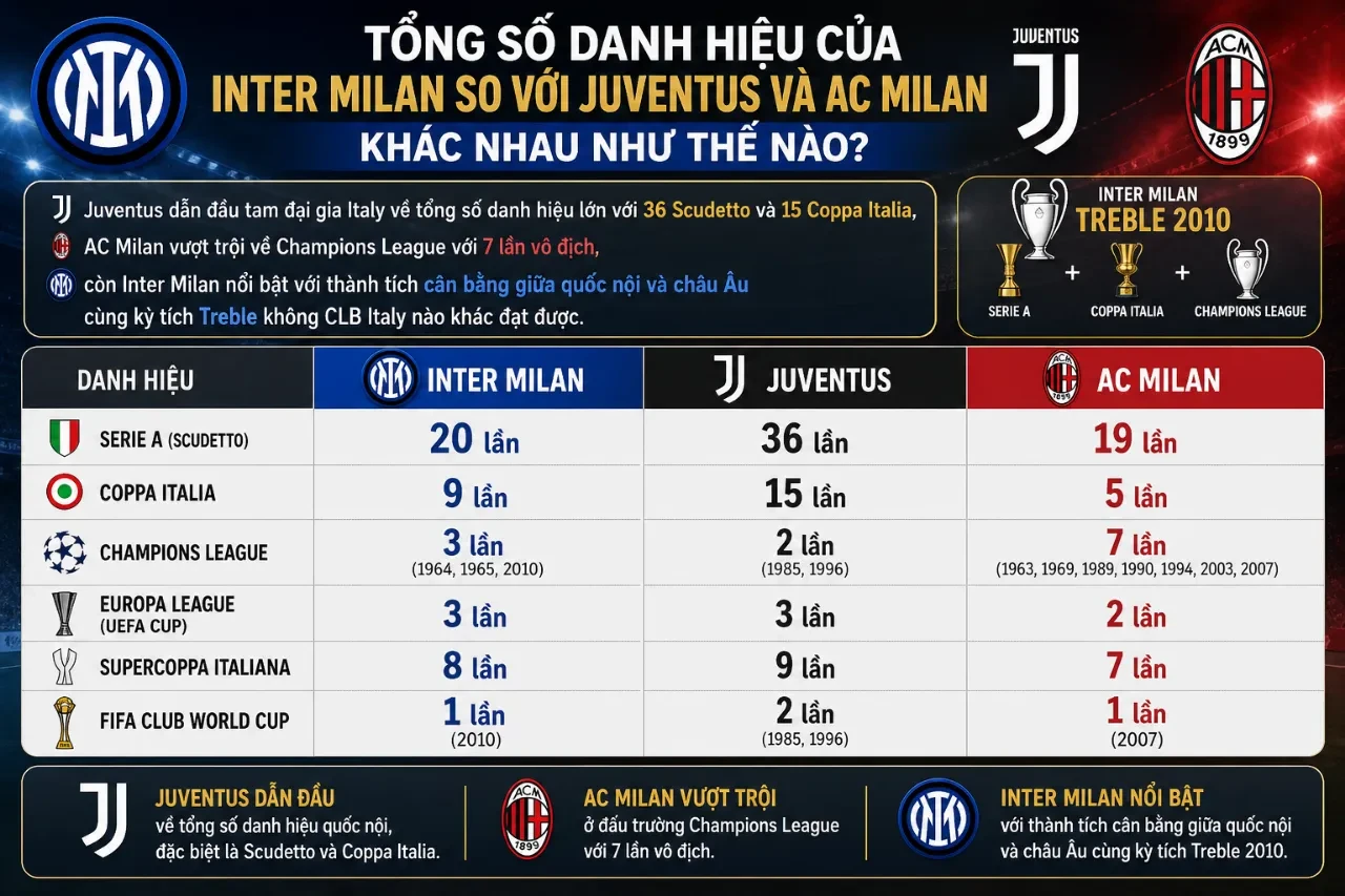 So Sánh Tổng Số Danh Hiệu Giữa Inter Milan, Juventus Và AC Milan