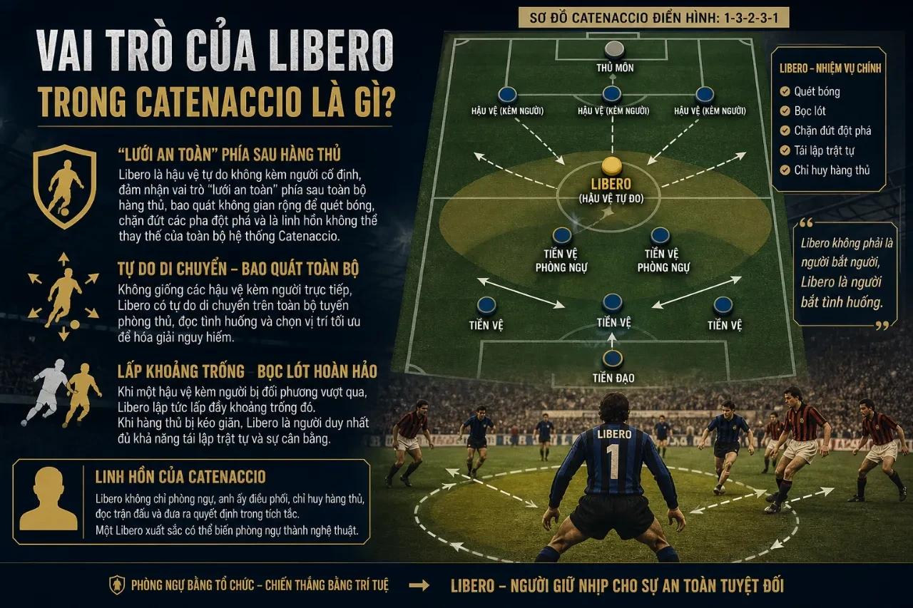 Vị trí và phạm vi hoạt động của hậu vệ quét Libero trong sơ đồ Catenaccio