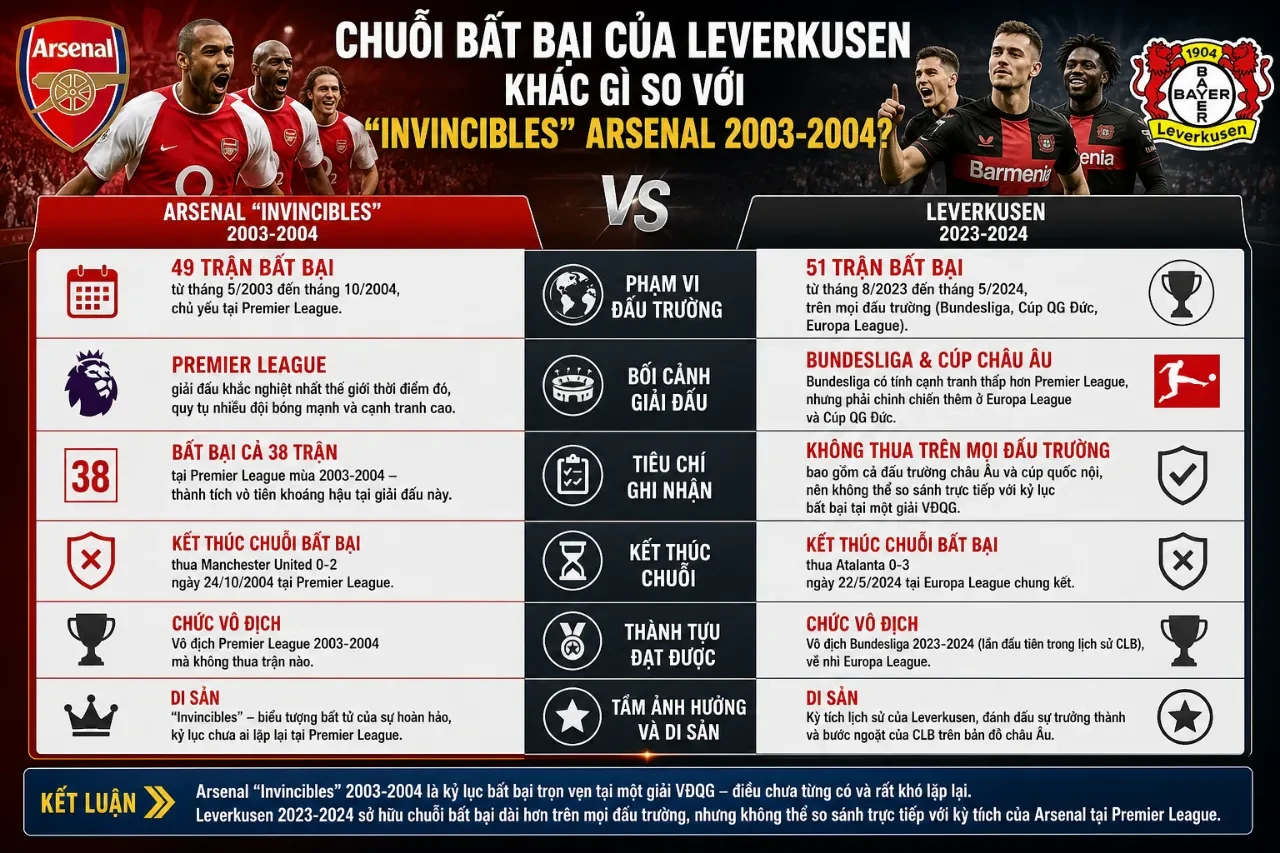 So sánh chuỗi bất bại của Bayer Leverkusen và Arsenal