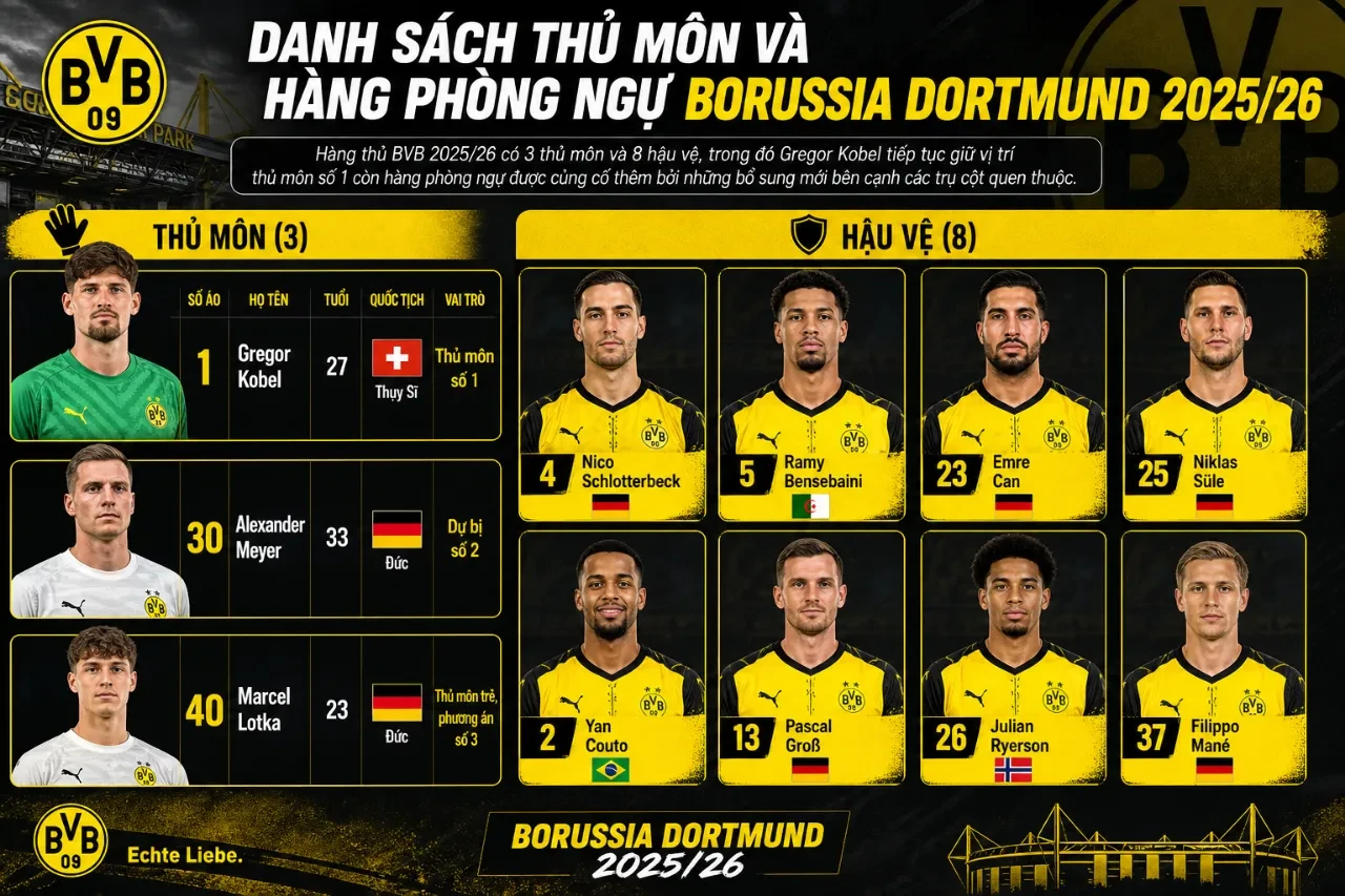Danh Sách Thủ Môn Và Hàng Phòng Ngự Borussia Dortmund 2025/26 Có Những Ai?