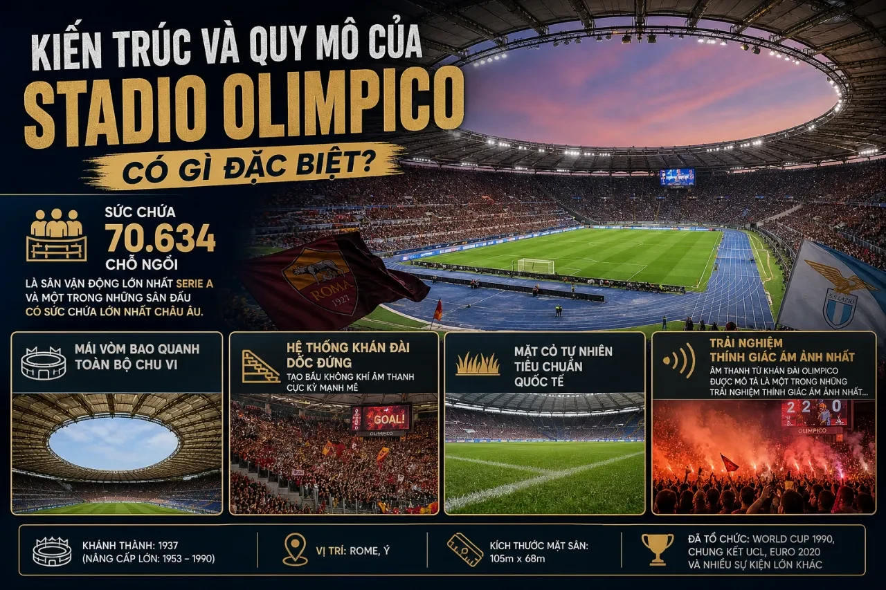 Toàn cảnh kiến trúc và quy mô của Stadio Olimpico tại Rome
