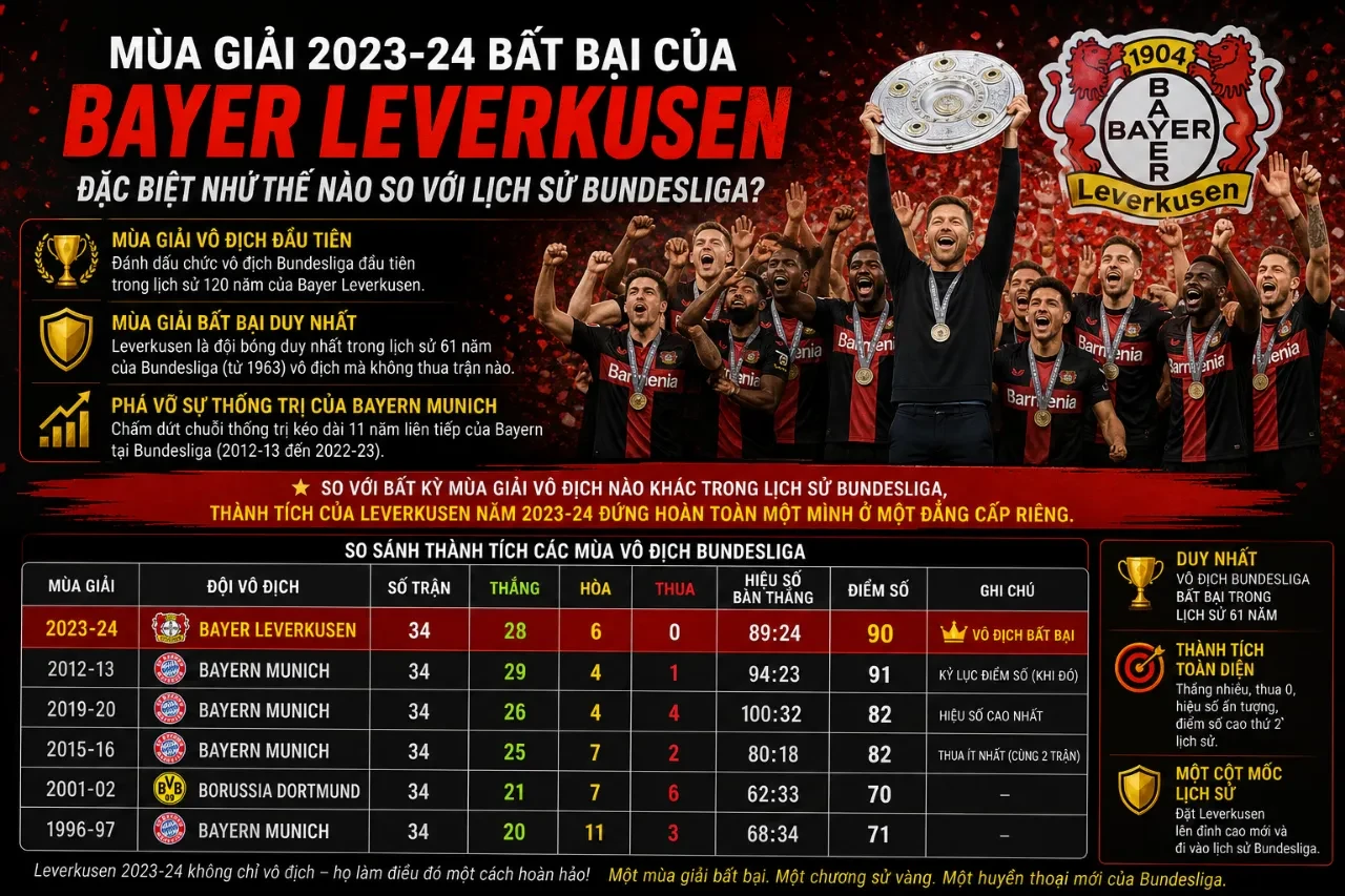 Mùa Giải 2023-24 Bất Bại Của Bayer Leverkusen Đặc Biệt Như Thế Nào