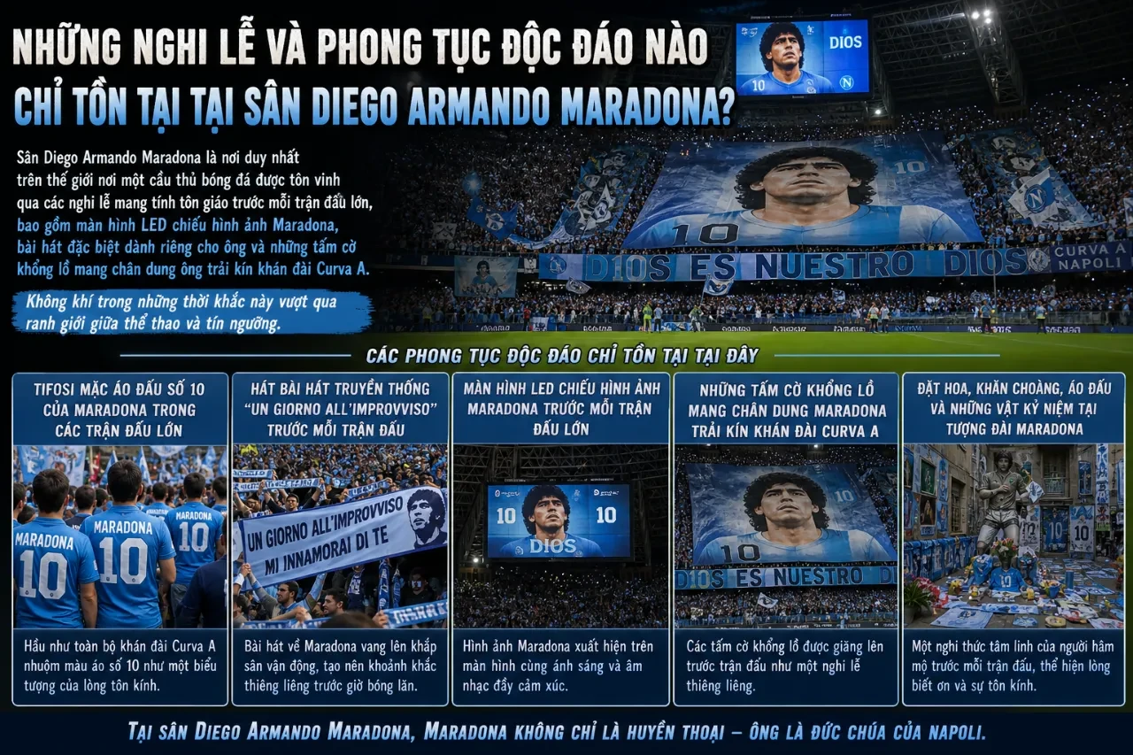 Cổ động viên mang áo đấu và cờ lưu niệm tôn vinh Diego Maradona tại sân vận động