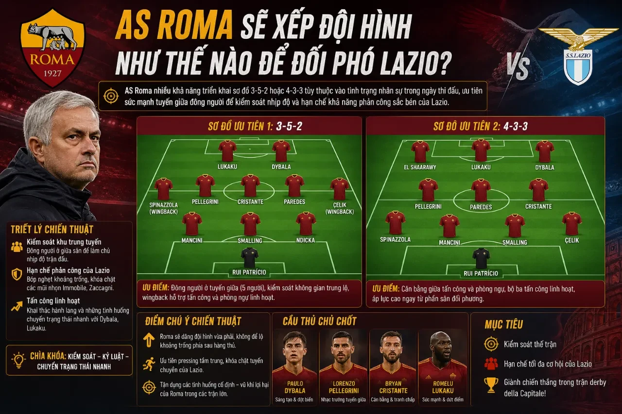 Sơ đồ chiến thuật dự kiến của AS Roma với cấu trúc đội hình tập trung đông nhân sự tuyến giữa