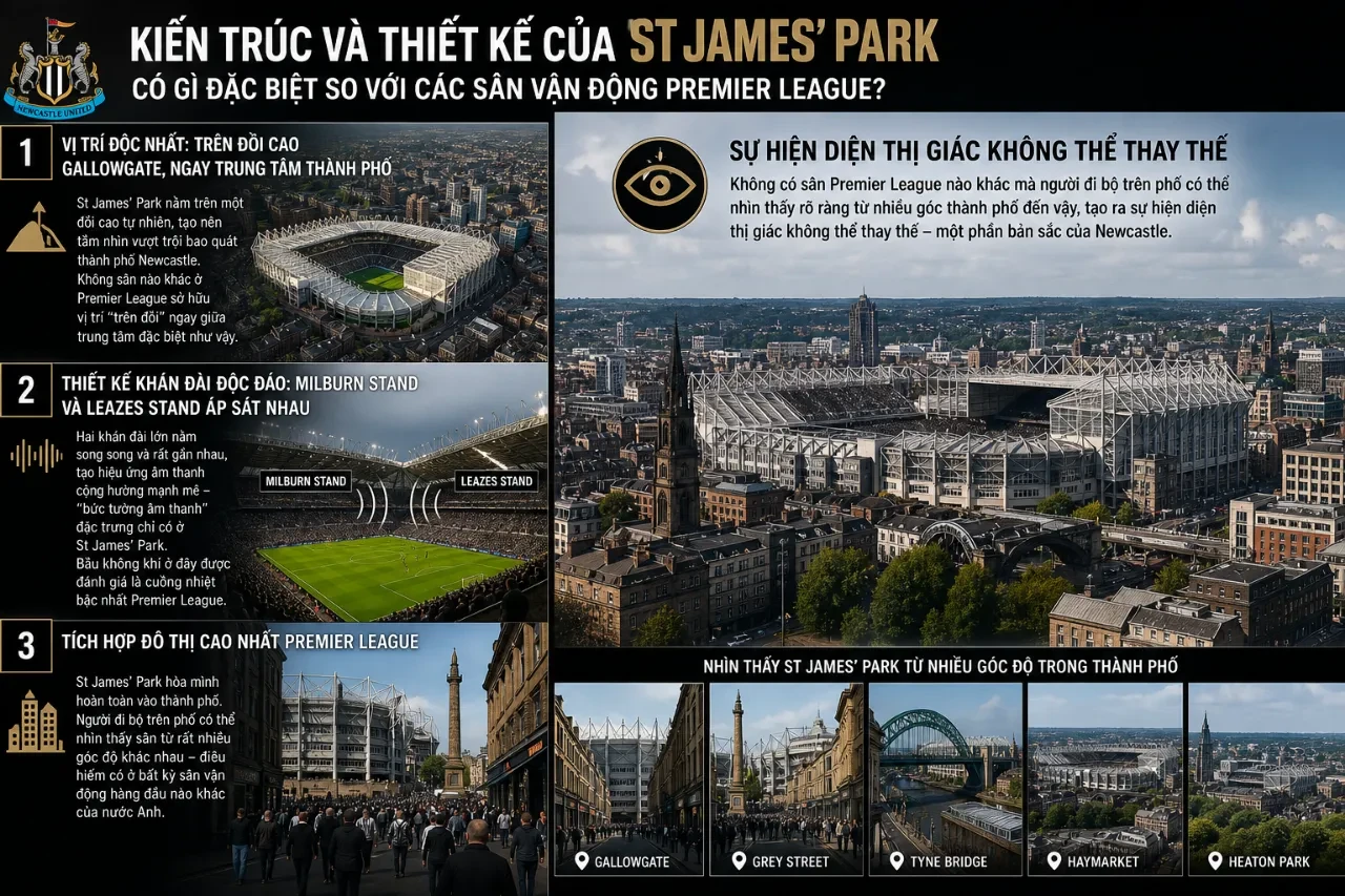 Quang cảnh kiến trúc sừng sững hiện đại của khán đài sân vận động St James Park nhìn từ trên cao