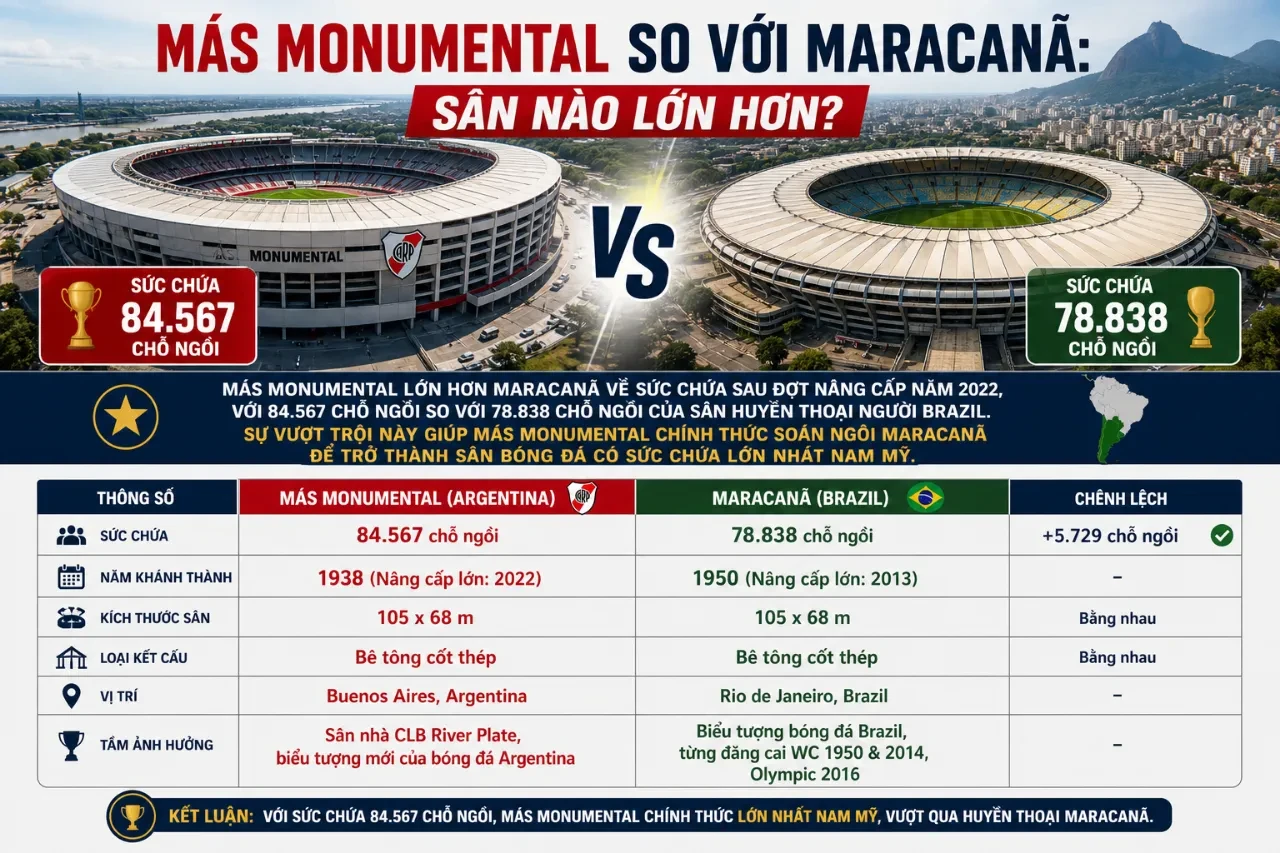 So sánh quy mô sân vận động Más Monumental và Maracanã