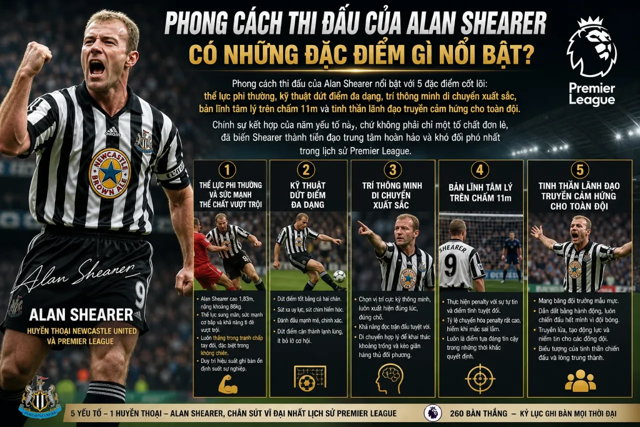 Hình ảnh tiền đạo Alan Shearer tung cú dứt điểm uy lực trên sân cỏ