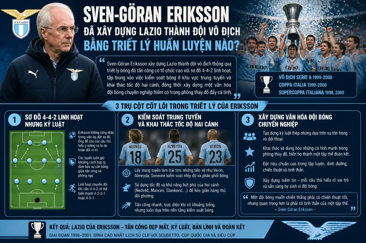 Huấn luyện viên Sven-Göran Eriksson trầm ngâm chỉ đạo các học trò Lazio trên đường biên