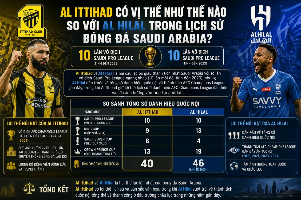 Sơ đồ so sánh tổng quan vị thế và danh hiệu giữa hai gã khổng lồ Al Ittihad và Al Hilal