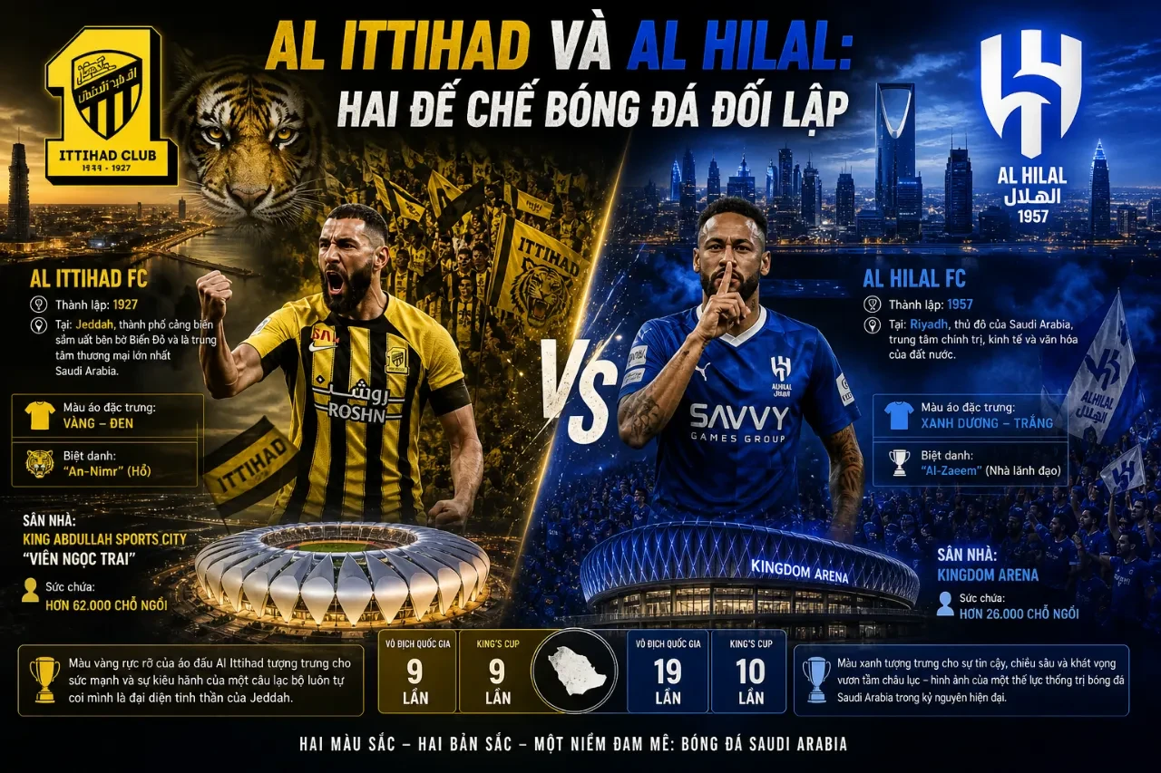Cổ động viên hai đội bóng Al Ittihad và Al Hilal nhuộm màu khán đài trong trận Siêu Kinh Điển Saudi