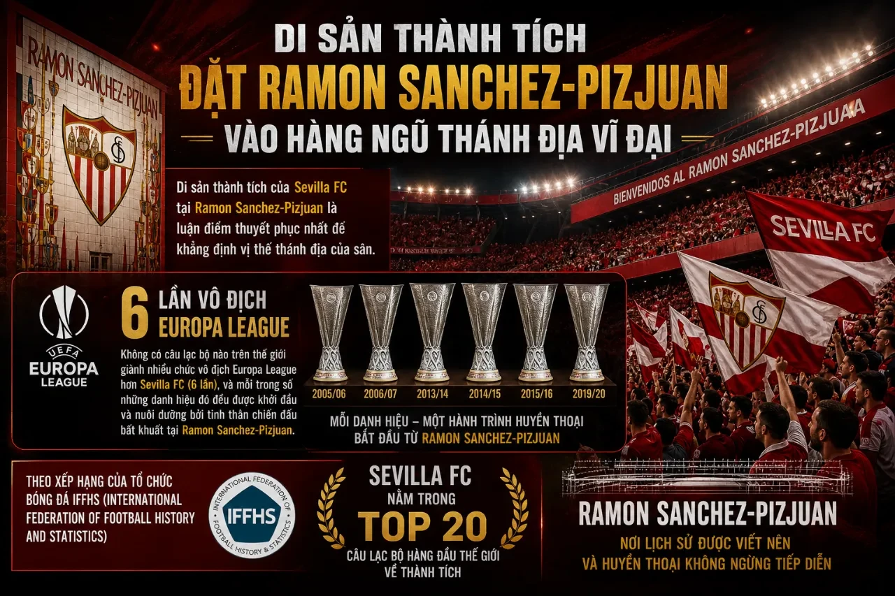 Các danh hiệu vô địch cúp châu Âu trưng bày tự hào tại sân vận động Ramon Sanchez-Pizjuan
