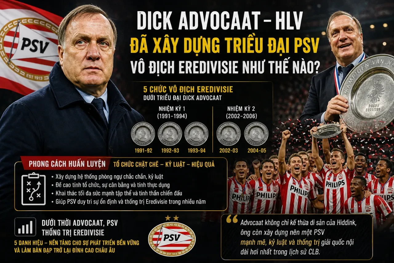 HLV Dick Advocaat chỉ đạo các học trò PSV Eindhoven thi đấu trên đường biên
