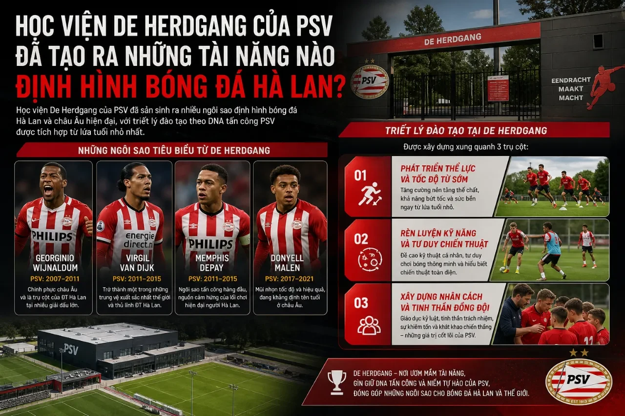 Cơ sở hạ tầng trung tâm đào tạo bóng đá trẻ De Herdgang hiện đại của câu lạc bộ PSV