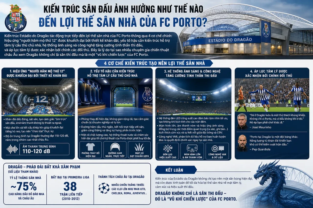 Góc nhìn toàn cảnh mặt sân cỏ hiện đại và hệ thống khán đài dốc của Estádio do Dragão