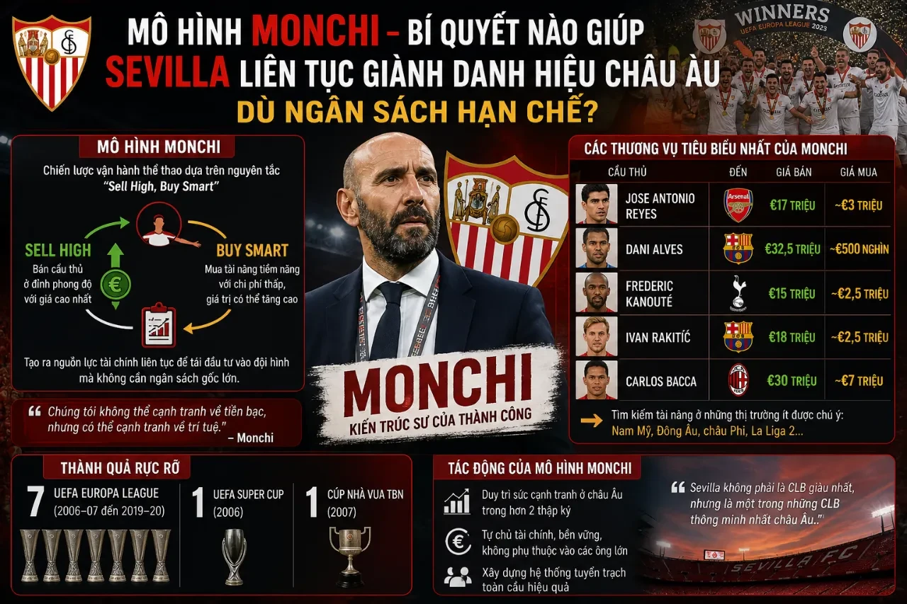 Giám đốc thể thao Monchi trao đổi chiến lược trinh sát nhân sự cho Sevilla FC