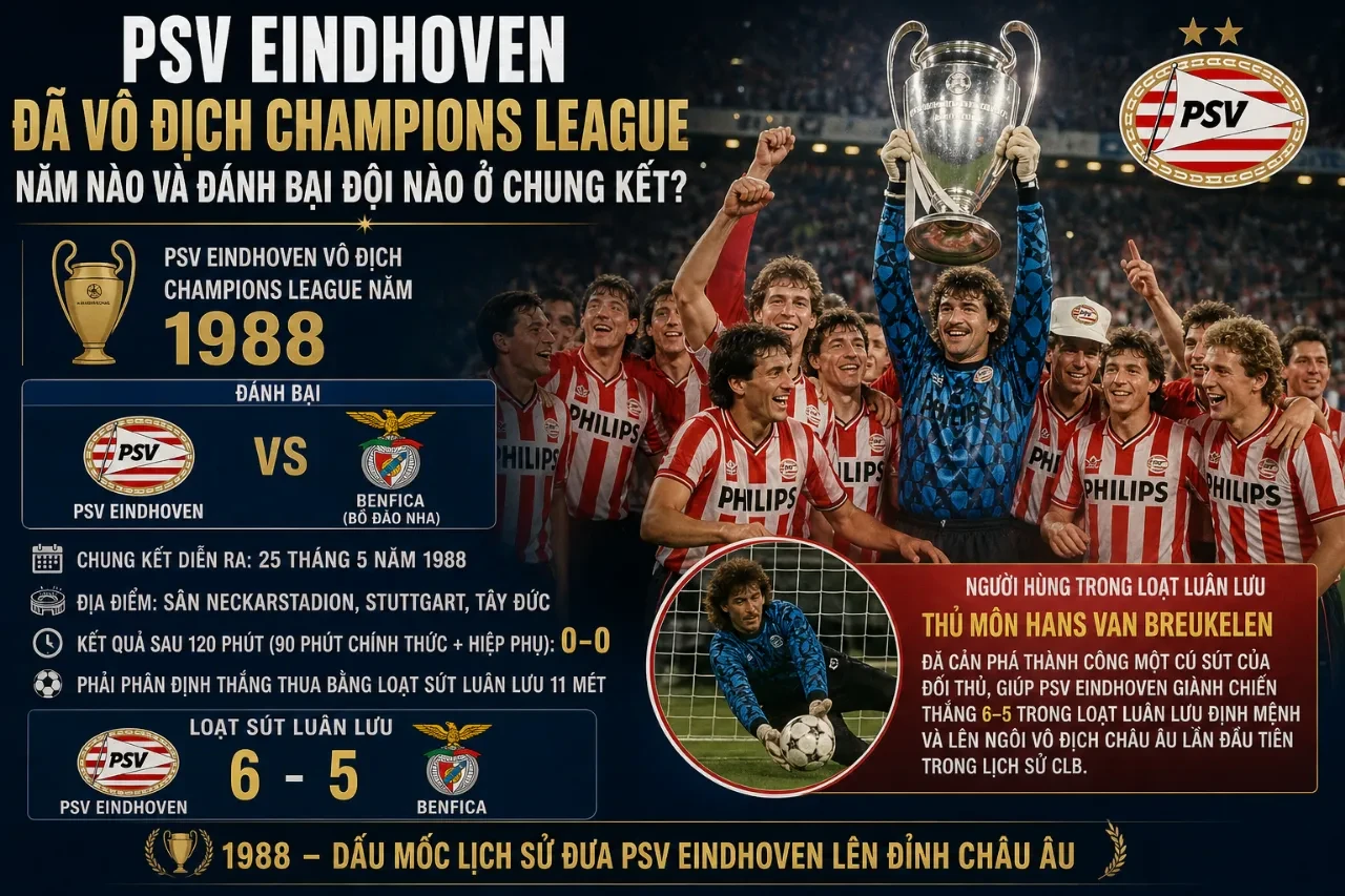 Đội hình PSV Eindhoven vui mừng giơ cao cúp vô địch Champions League năm 1988