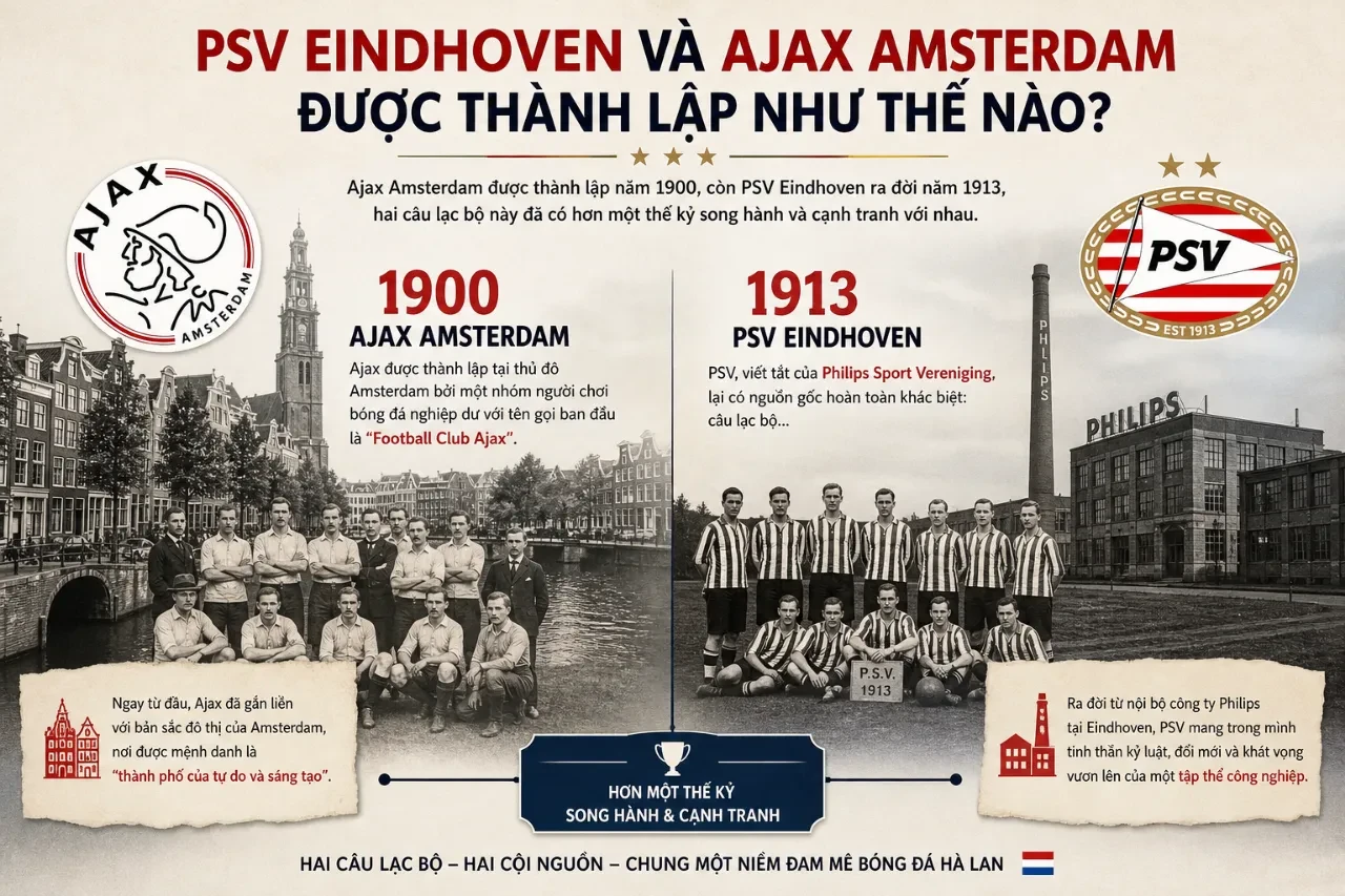 Logo và biểu tượng truyền thống của hai câu lạc bộ giàu thành tích bậc nhất Hà Lan PSV Eindhoven và Ajax Amsterdam