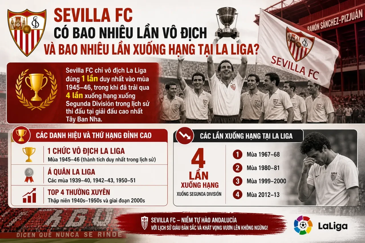 Thống Kê Thành Tích Sevilla FC Tại La Liga Qua Các Mùa Giải: Nhìn Lại Hành Trình Từ Vô Địch Đến Xuống Hạng
