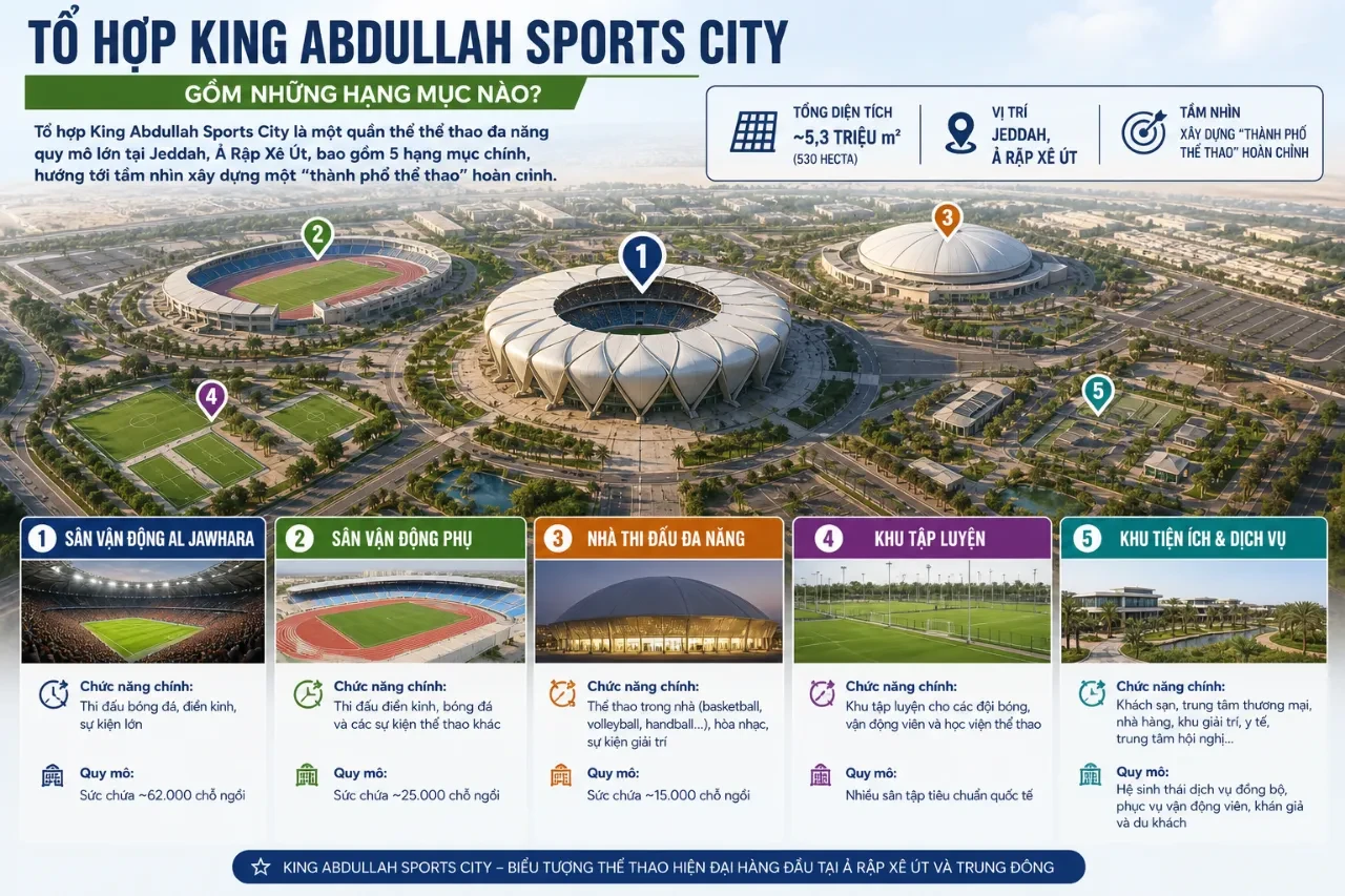 Toàn cảnh không gian quy hoạch kiến trúc hiện đại của tổ hợp thể thao King Abdullah Sports City