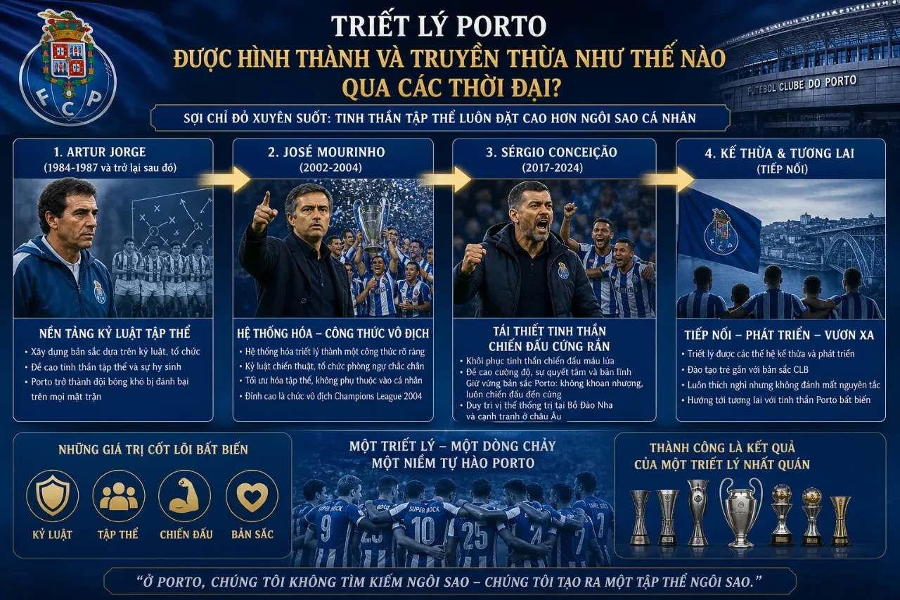 Sơ đồ mô phỏng quá trình phát triển và kế thừa triết lý bóng đá của FC Porto qua nhiều thế hệ HLV