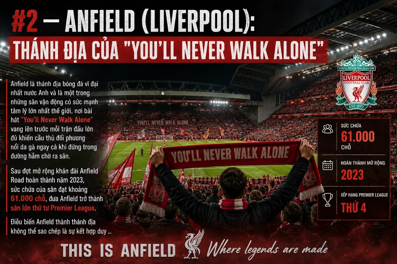 Khán đài huyền thoại The Kop ngập tràn biểu ngữ và cờ hoa truyền thống của Liverpool