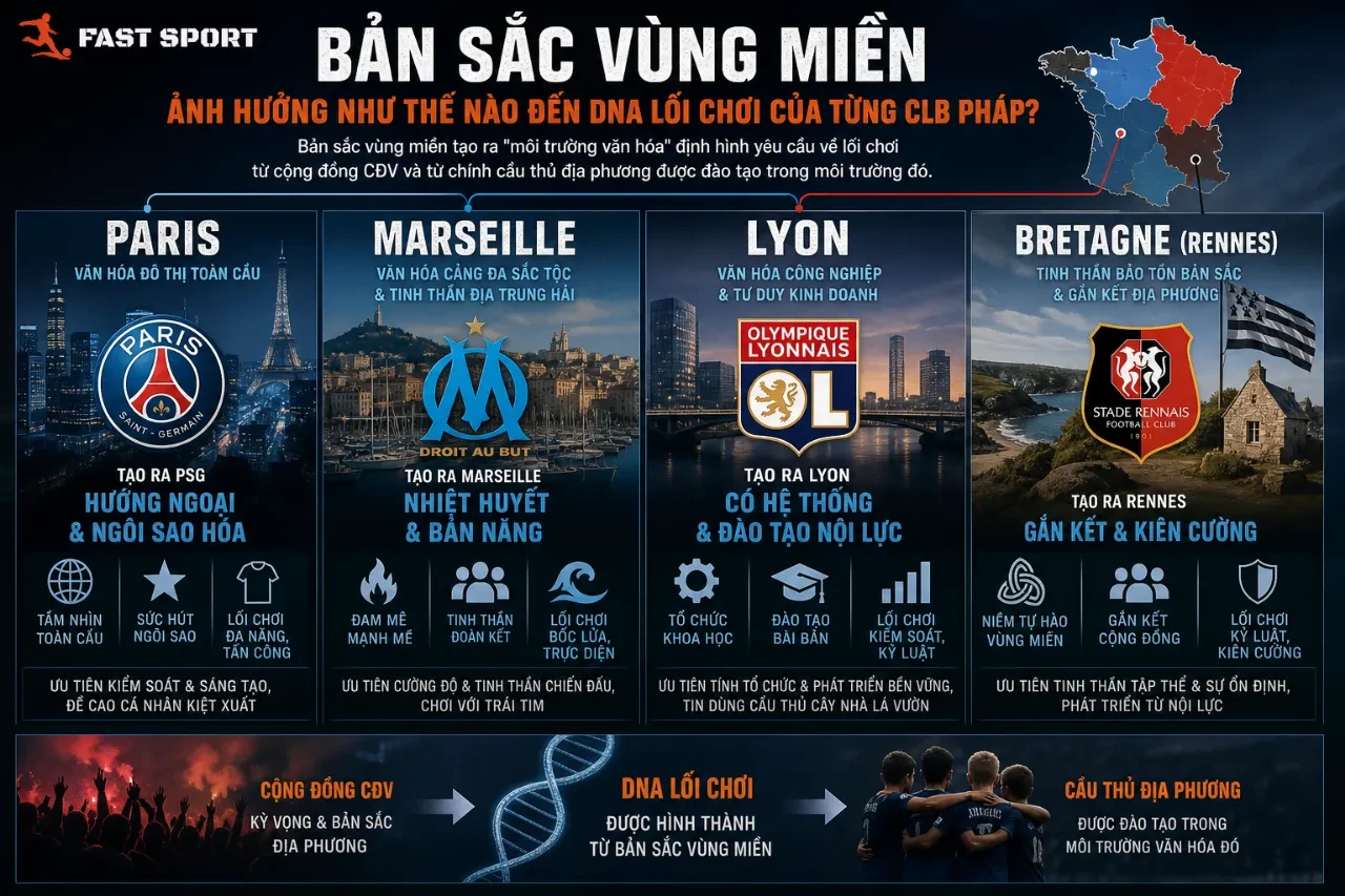 Bản đồ địa lý minh họa các vùng văn hóa bóng đá vô cùng đa dạng trên khắp đất nước Pháp