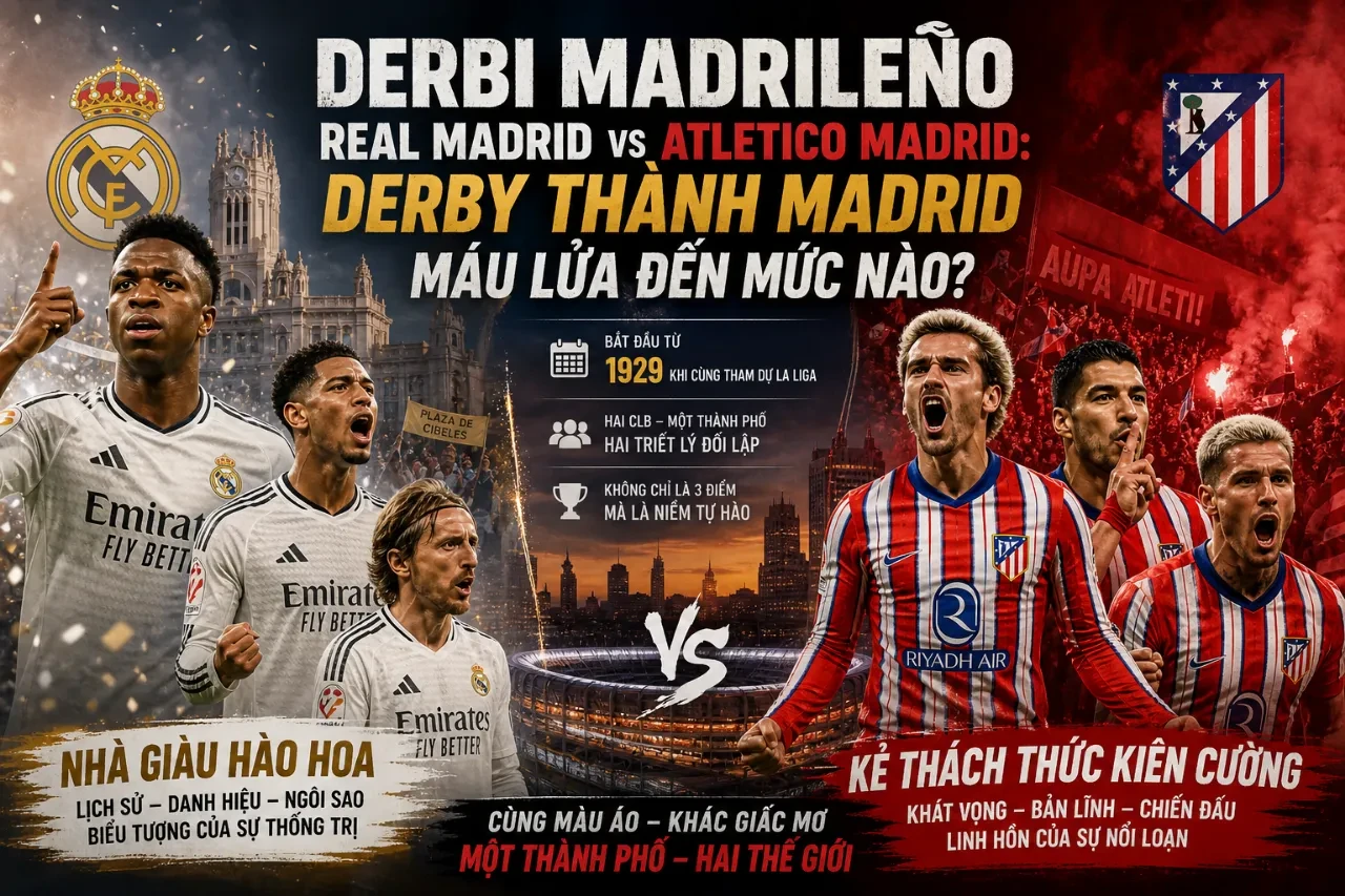 Cầu thủ Real Madrid và Atletico Madrid tranh chấp bóng quyết liệt trong bầu không khí nghẹt thở của trận derby thủ đô