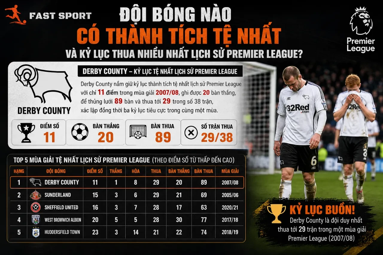 Bảng xếp hạng ghi nhận kỷ lục buồn của câu lạc bộ Derby County tại giải đấu cao nhất nước Anh