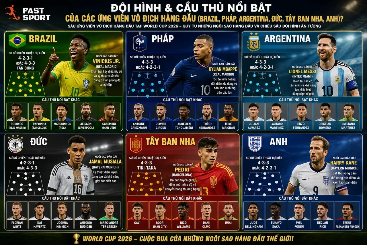 Đội hình thi đấu của sáu ứng viên vô địch hàng đầu tại giải vô địch bóng đá thế giới 2026