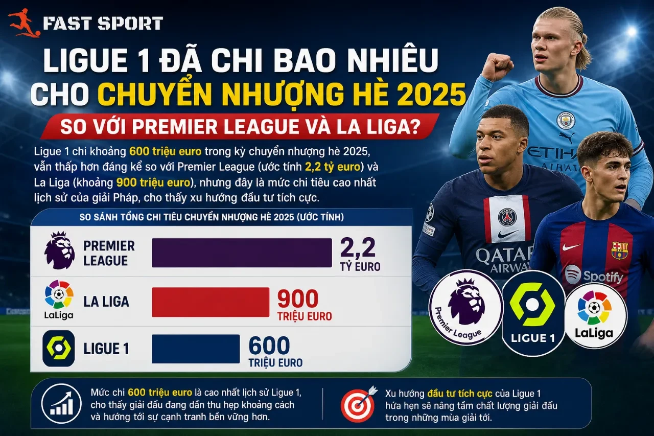 Đồ họa so sánh tỷ lệ chi tiêu ngân sách chuyển nhượng của Ligue 1 so với các giải đấu vô địch quốc gia lớn