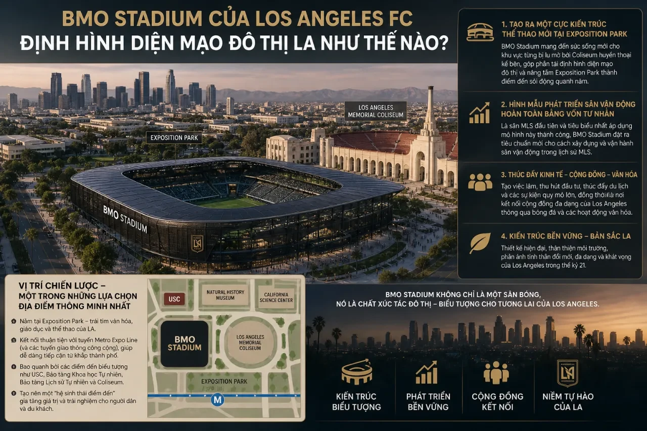 Toàn cảnh kiến trúc bên ngoài sân vận động BMO Stadium của Los Angeles FC tại Exposition Park