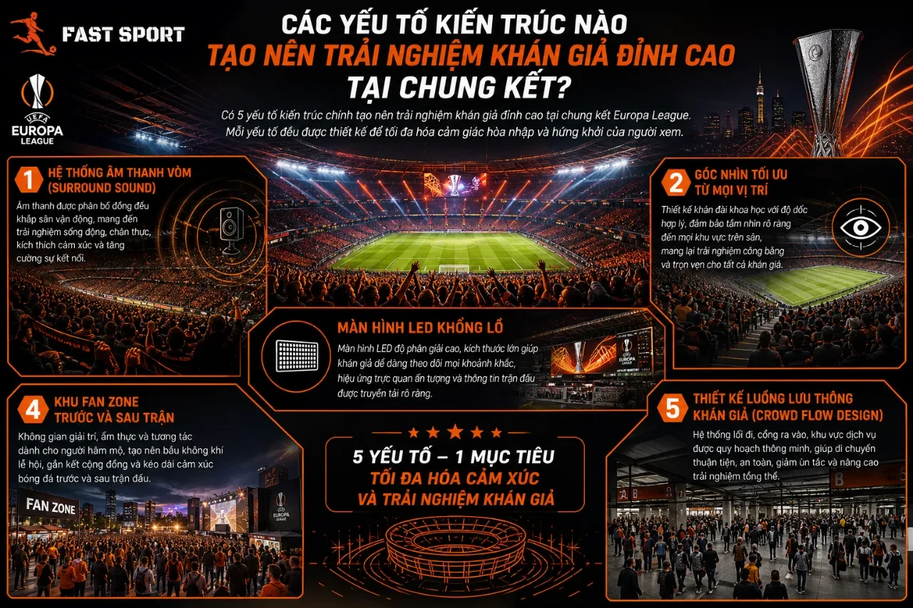 Hệ thống âm thanh vòm hiện đại và thiết kế góc nhìn không góc chết tại sân vận động thế hệ mới