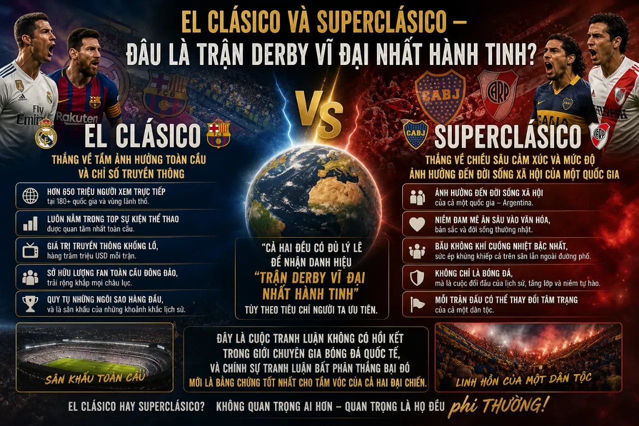 Sơ đồ so sánh hai thái cực bóng đá thế giới giữa sức hút thương mại của El Clasico và tính cuồng nhiệt xã hội của Superclasico