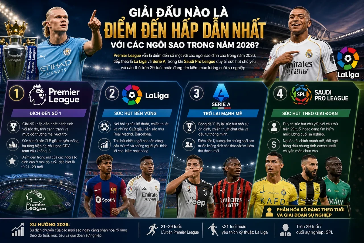 Sơ đồ minh họa mức độ thu hút chuyển nhượng của các giải đấu bóng đá lớn trên thế giới năm 2026