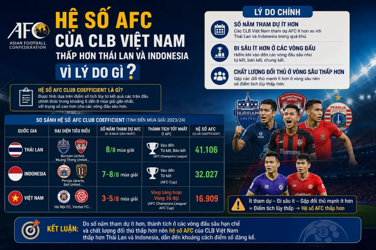 Biểu đồ so sánh điểm tích lũy hệ số AFC giữa các giải đấu chuyên nghiệp trong khu vực Đông Nam Á