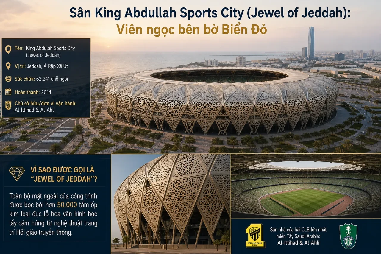 Toàn cảnh sân vận động hiện đại King Abdullah Sports City rực sáng tại thành phố cảng Jeddah