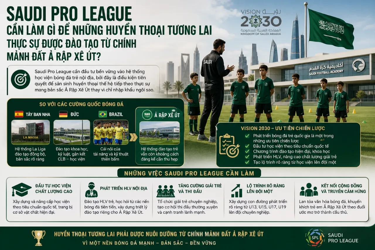 Sân tập bóng đá hiện đại của học viện đào tạo trẻ tại Ả Rập Xê Út dưới ánh nắng chiều