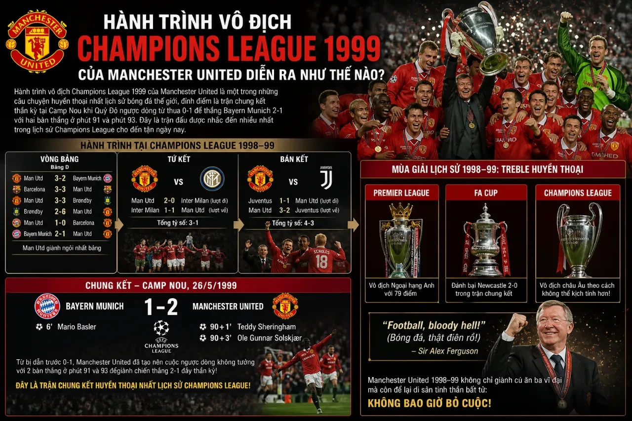 Khoảnh khắc ăn mừng cuồng nhiệt của các cầu thủ Manchester United sau bàn thắng quyết định ở phút bù giờ tại Camp Nou năm 1999