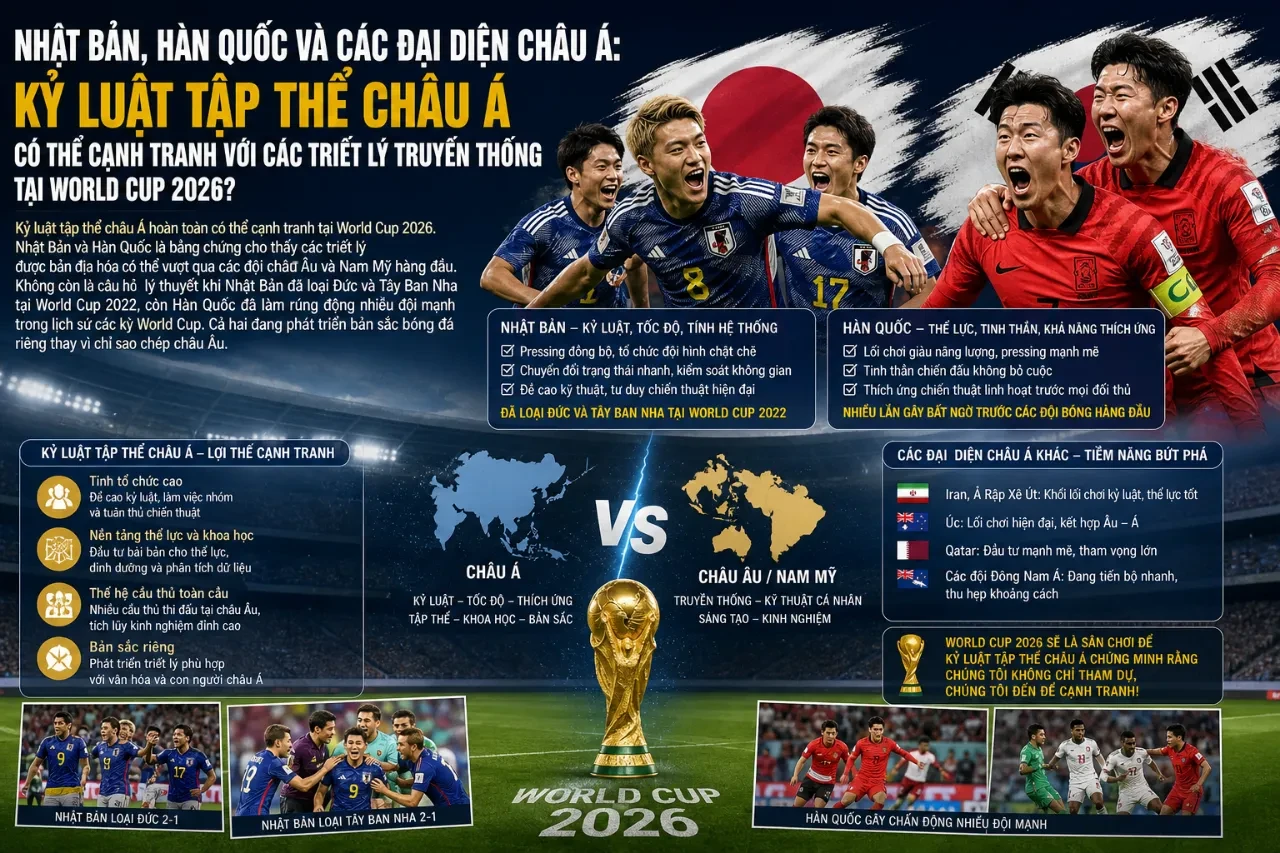 Cổ động viên châu Á khoác cờ quốc gia reo hò cuồng nhiệt tạo nên bầu không khí lễ hội trên khán đài